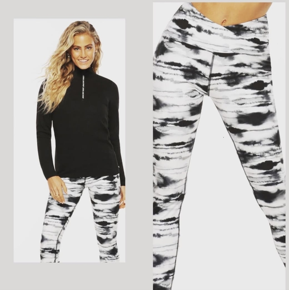 Lorna Jane Gazelle Tie Dye Leggings Black White Crossover Waist Size S